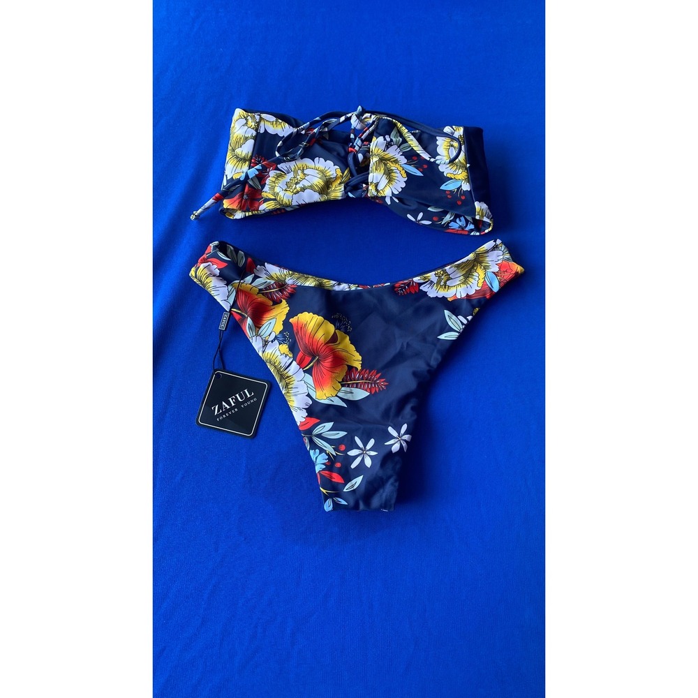 ZAFUL 2Piece Navy Floral Bikini Size Small New With Tags Tropical Hibiscus Print - Picture 2 of 7